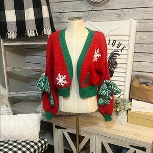 Cozy Red and Green Snowflake Cardigan